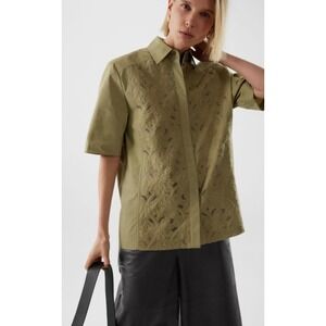 COS‎ Women's Relaxed Fit Lace Panel Shirt Olive Green Organic Cotton Size 8
